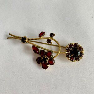 Czechoslovakia Vintage Gold Red Stone Brooch